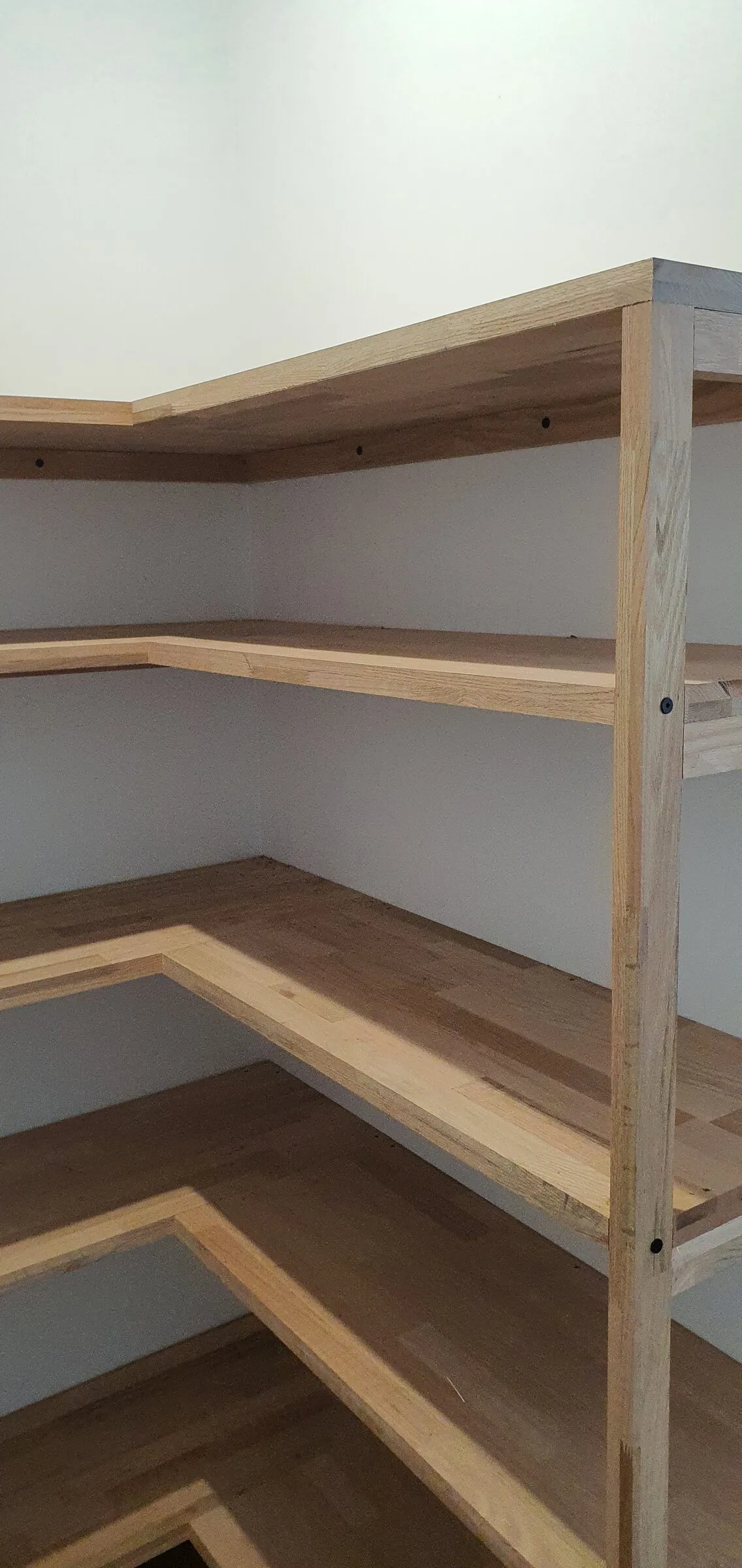Hardwood corner shelving built into a pantry, five levels carried on cleats and a central upright.