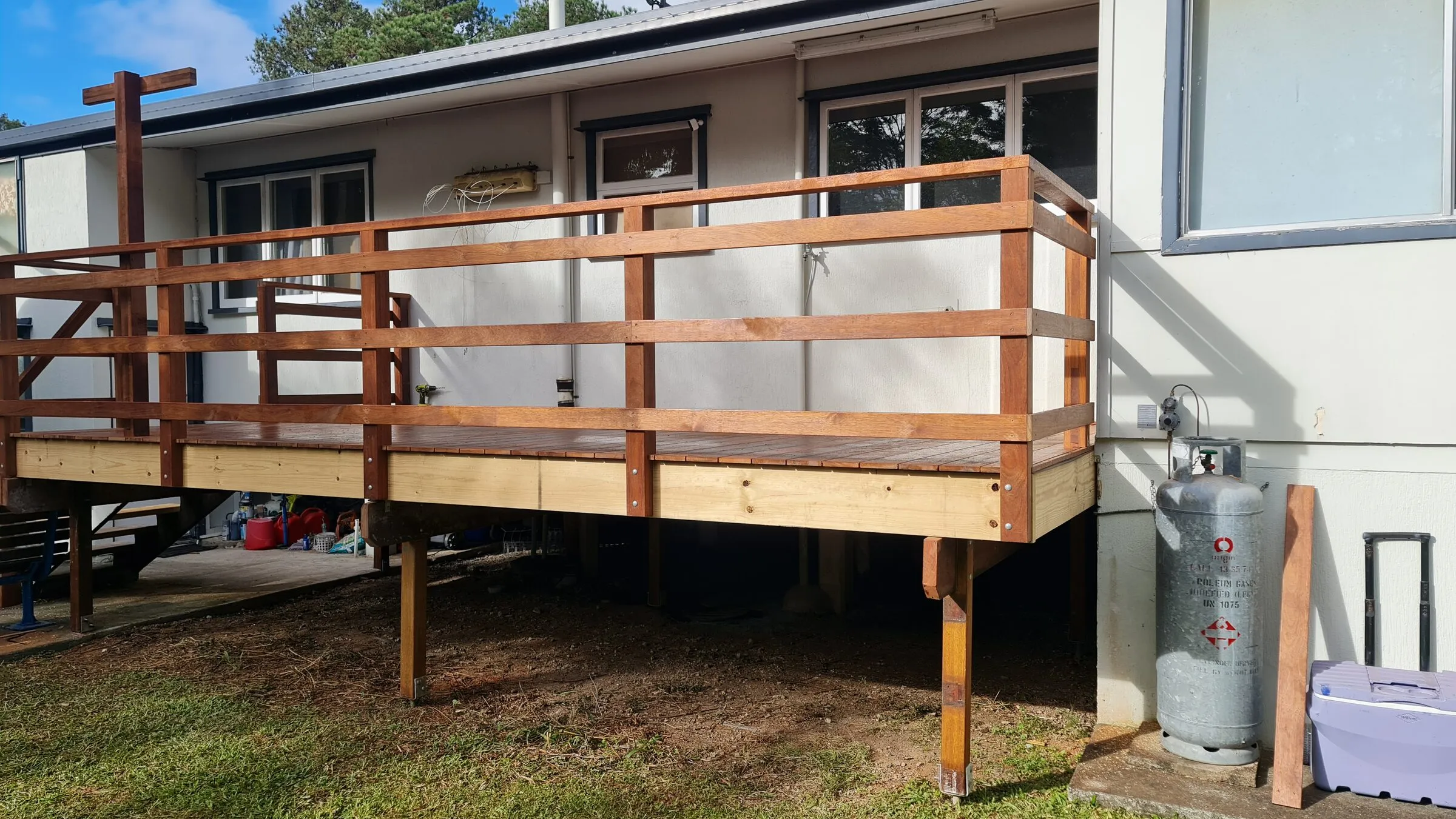 The finished deck end on, showing the posts and bearers carrying it.